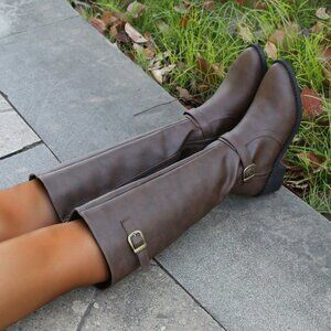 Brown Party Women's High-Cut Heel Riding Boots with Zipper & Pointed Toe